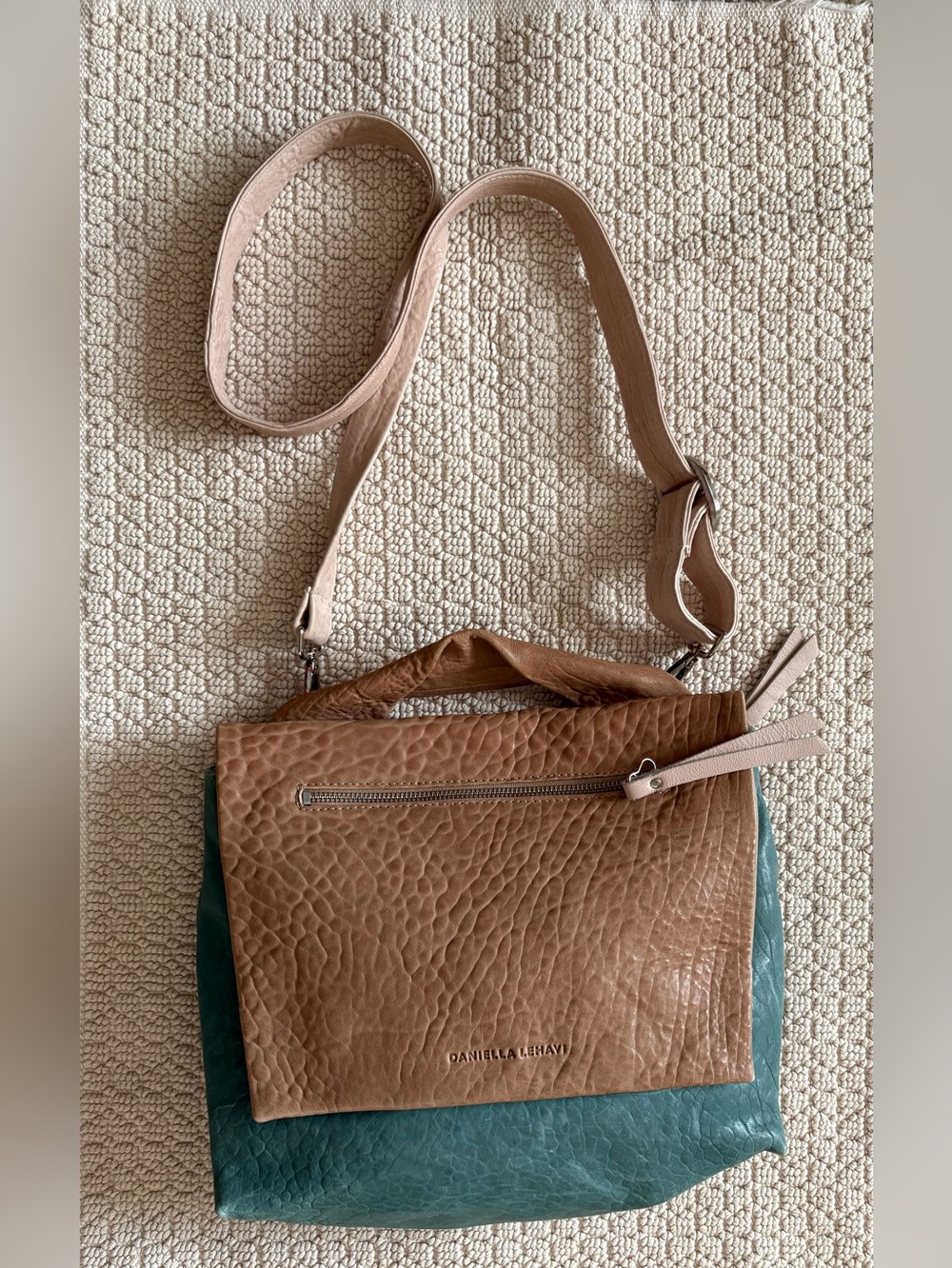 Daniella Lehavi Two-Tone Pebbled Leather Crossbody Bag - Tan & Teal Anthro - Picture 2 of 5